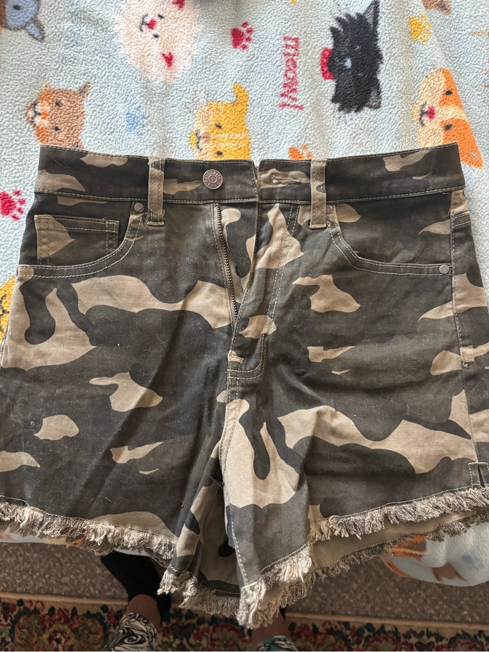 Celebrity Pink Camouflage Denim Shorts in Olive and Khaki